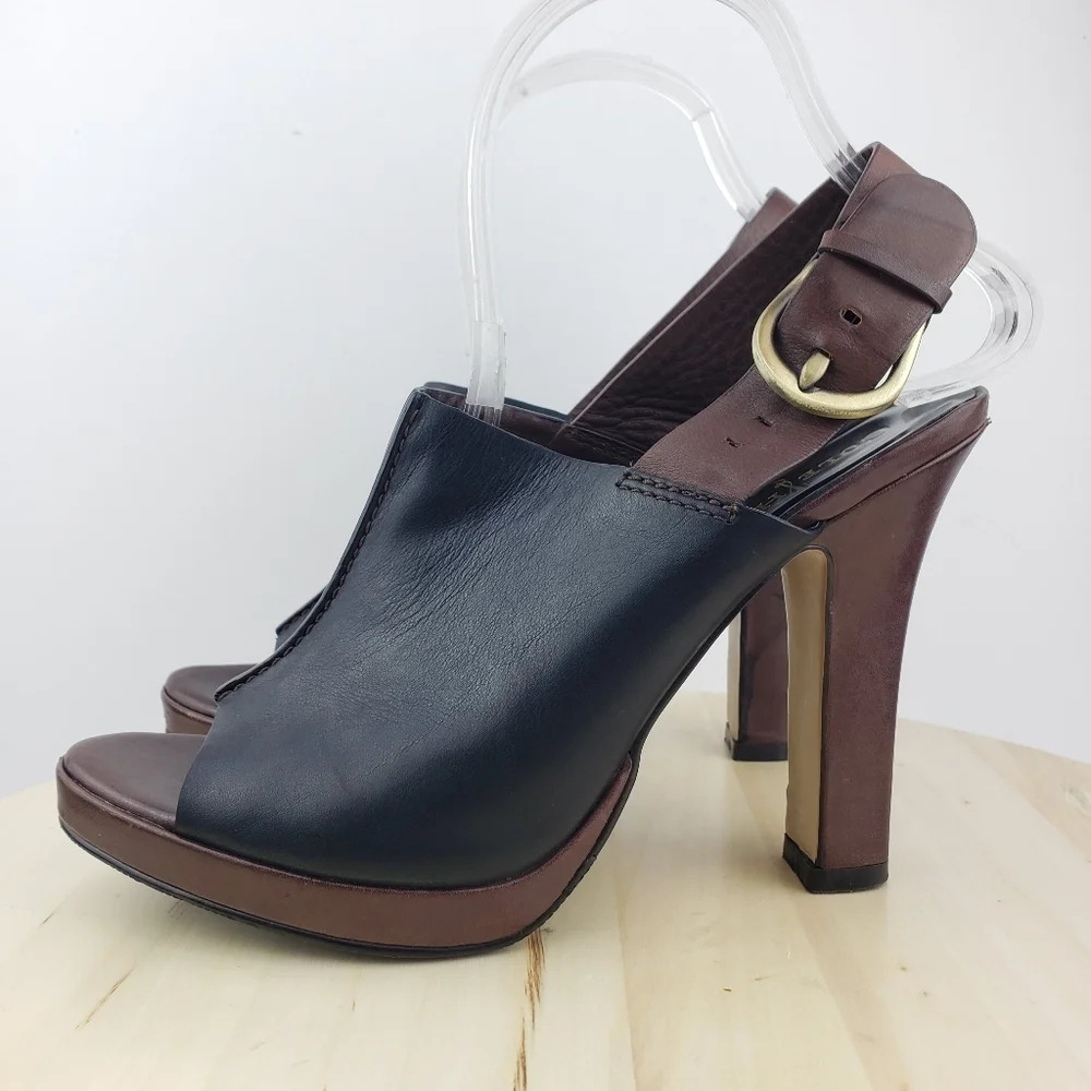 Cole Haan Sandal Size 8.5 Leather Platform Peep Toe Mule Heel Shoes Slingback - Picture 2 of 16